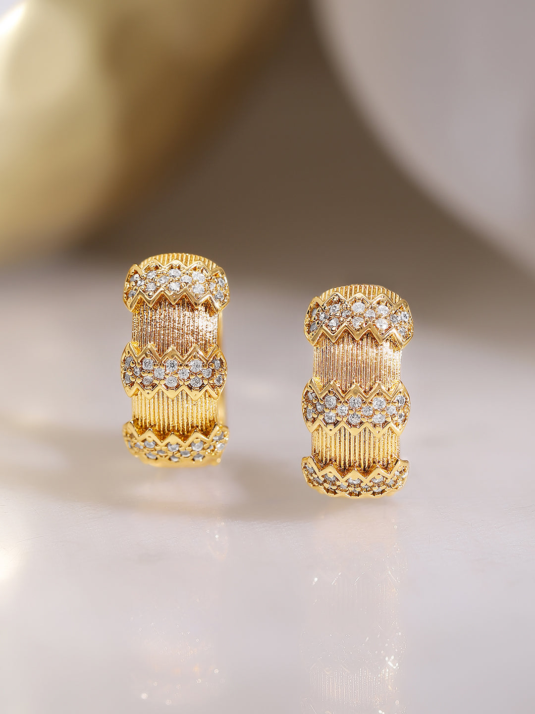 Gold Plated American Diamond Zirconia Zigzag Textured Hoop Earrings