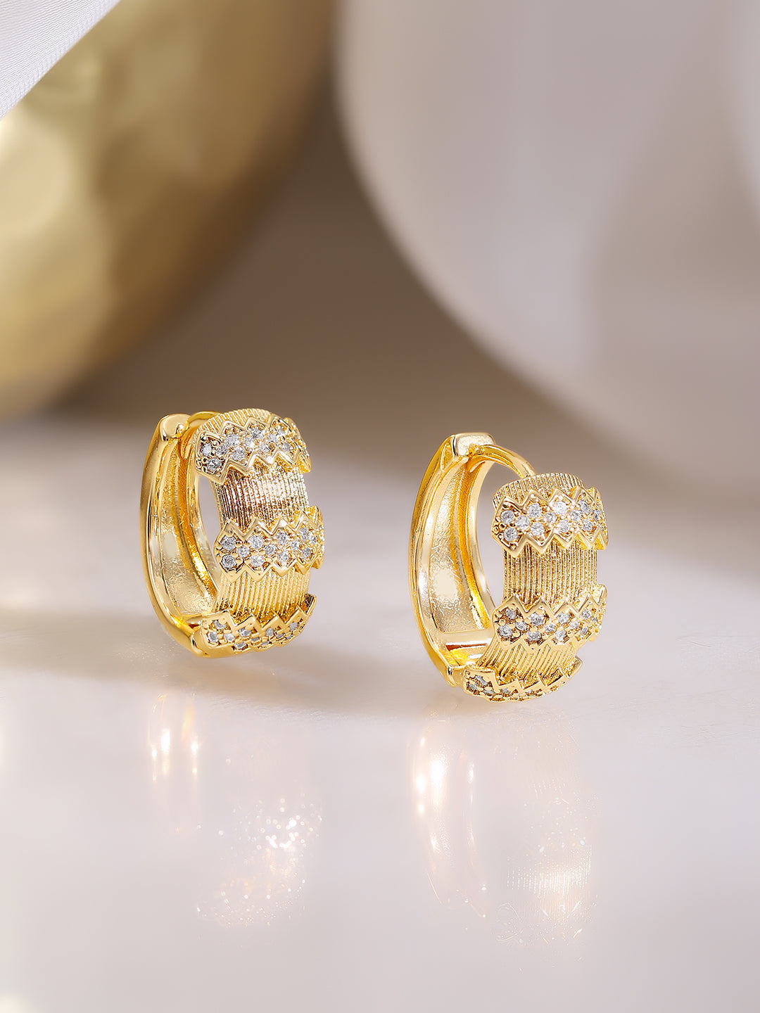 Gold Plated American Diamond Zirconia Zigzag Textured Hoop Earrings
