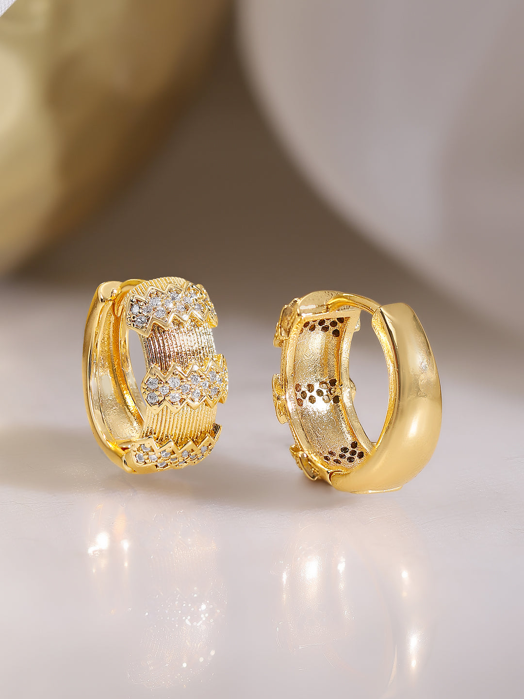 Gold Plated American Diamond Zirconia Zigzag Textured Hoop Earrings