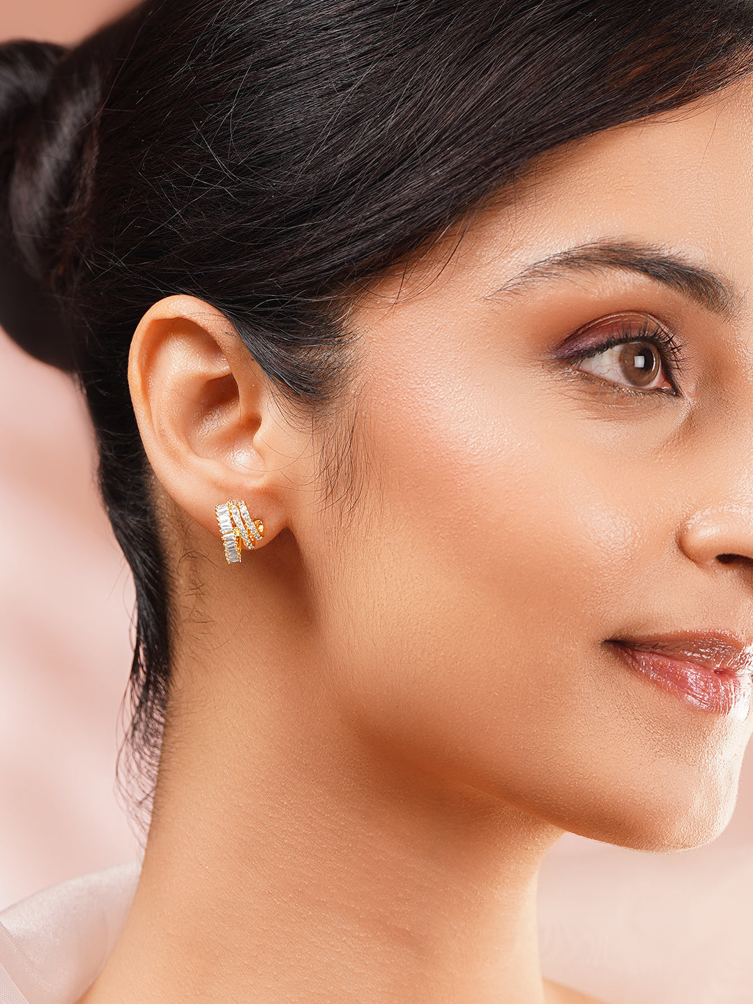 Gold Plated American Diamond Zirconia Leaf Design Hoop Earrings