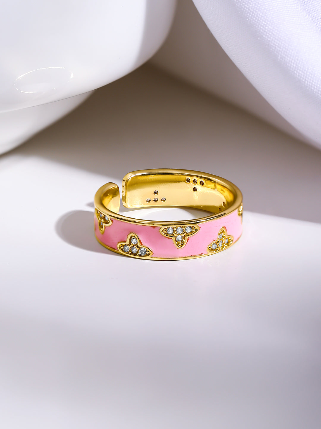 Gold Plated Floral Design Enamel Pink Finger Ring