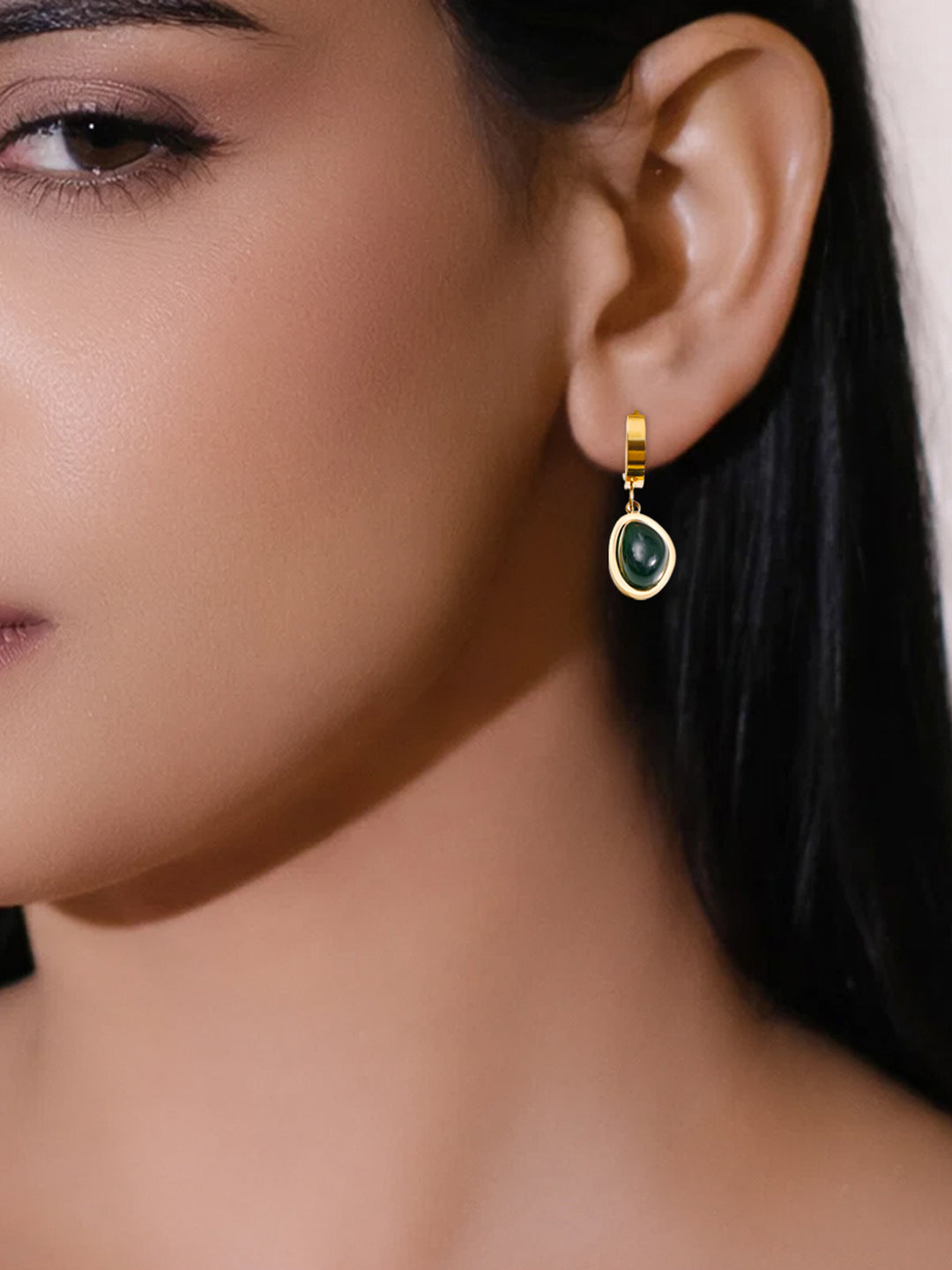 Demi Fine 18K Gold Plated Stainless steel Emerald Oval Drop Hoop Earrings