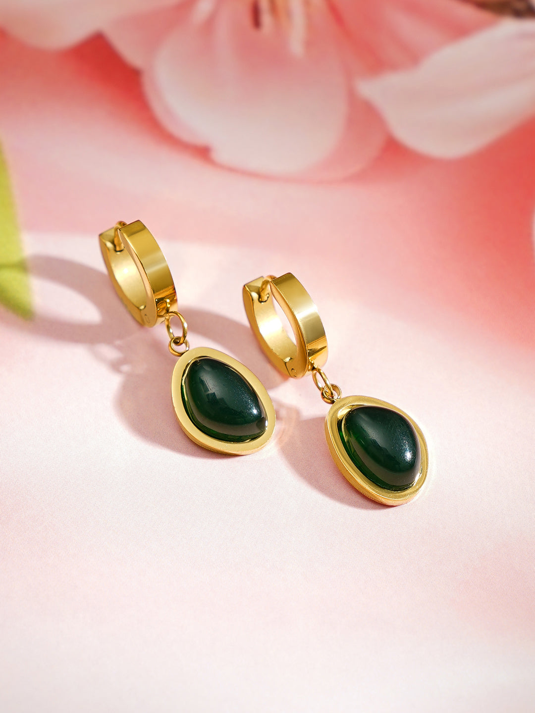 Demi Fine 18K Gold Plated Stainless steel Emerald Oval Drop Hoop Earrings