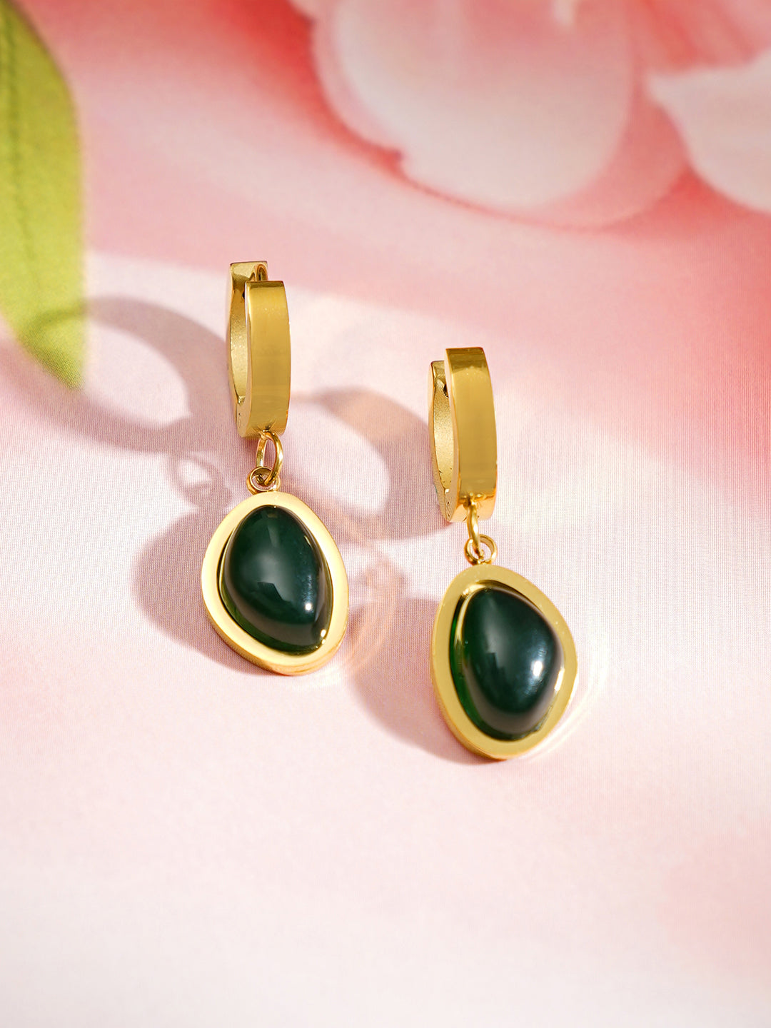 Demi Fine 18K Gold Plated Stainless steel Emerald Oval Drop Hoop Earrings