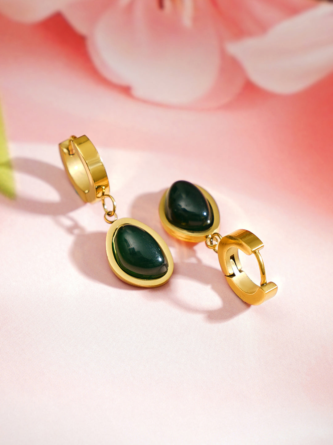 Demi Fine 18K Gold Plated Stainless steel Emerald Oval Drop Hoop Earrings