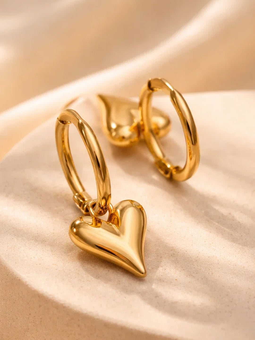 Demi Fine 18K Gold Plated Stainless steel Puffy Heart Charm Hoop Drop Earrings