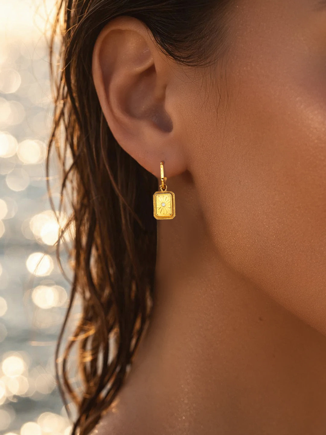 Demi Fine 18K Gold Plated Stainless steel Rectangle Charm Hoop Drop Earrings