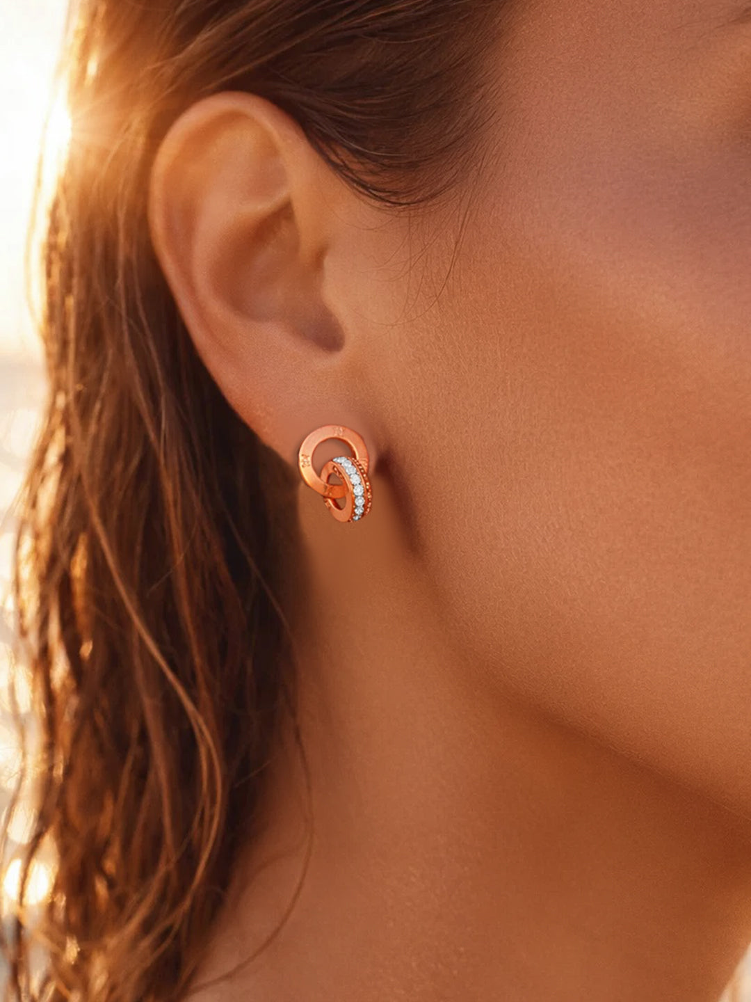 Demi Fine 18K Rose-Gold Plated Stainless steel Interlocked Circle Stud Earrings