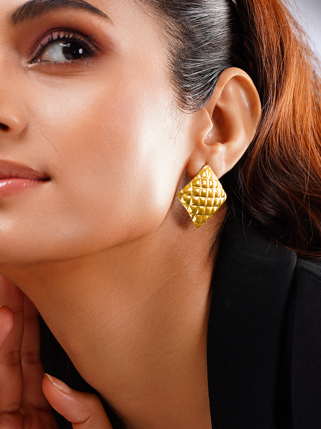 Demi Fine 18K Gold Plated Stainless steel Golden Quilt Stud Earrings