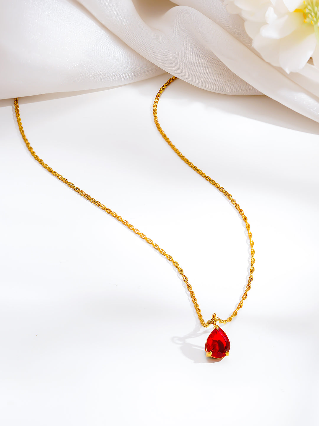 Demi Fine 18K Gold Plated Stainless steel Teardrop Ruby Charm Pendant Chain