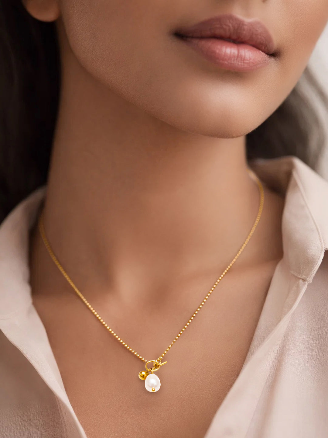 Demi Fine 18K Gold Plated Stainless steel Pearl Drop Toggle Chain Necklace