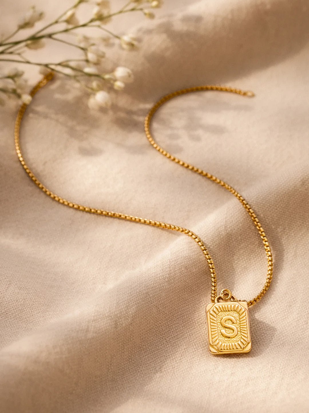 Demi Fine 18K Gold Plated Stainless steel Engraved Square S Pendant Necklace