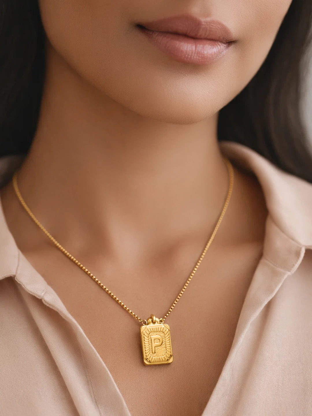 Demi Fine 18K Gold Plated Stainless steel Engraved Square P Pendant Necklace
