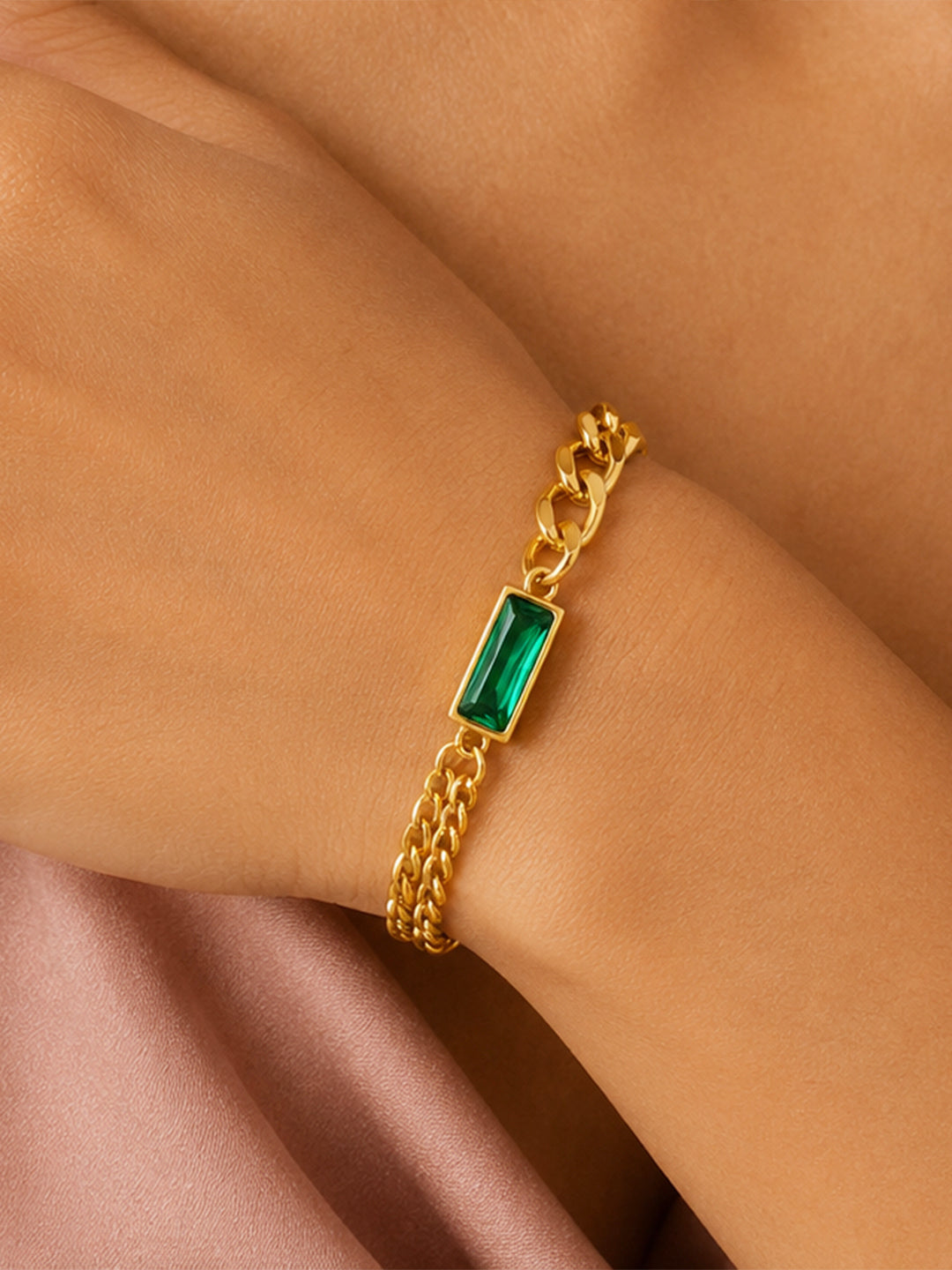 Demi Fine 18K Gold Plated Stainless steel Chunky Chain Emerald Green Bracelet