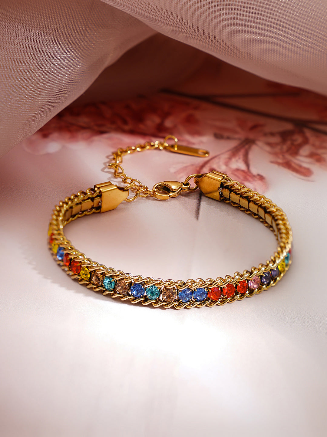 Demi Fine 18K Gold Plated Stainless steel Multicolor Crystal Chain Bracelet