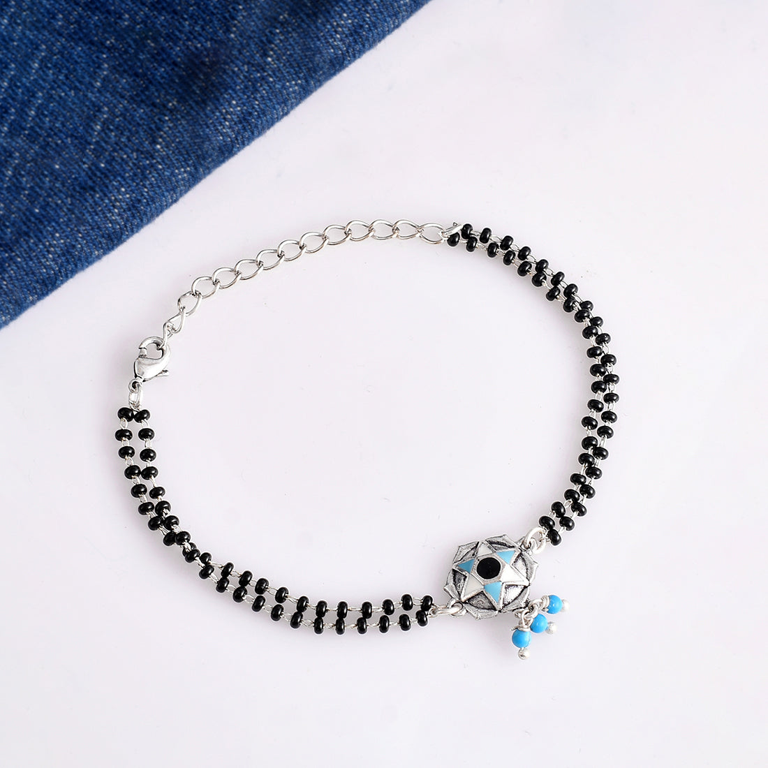 Evil Eye Black Bead Chain Silver Oxidized Bracelet