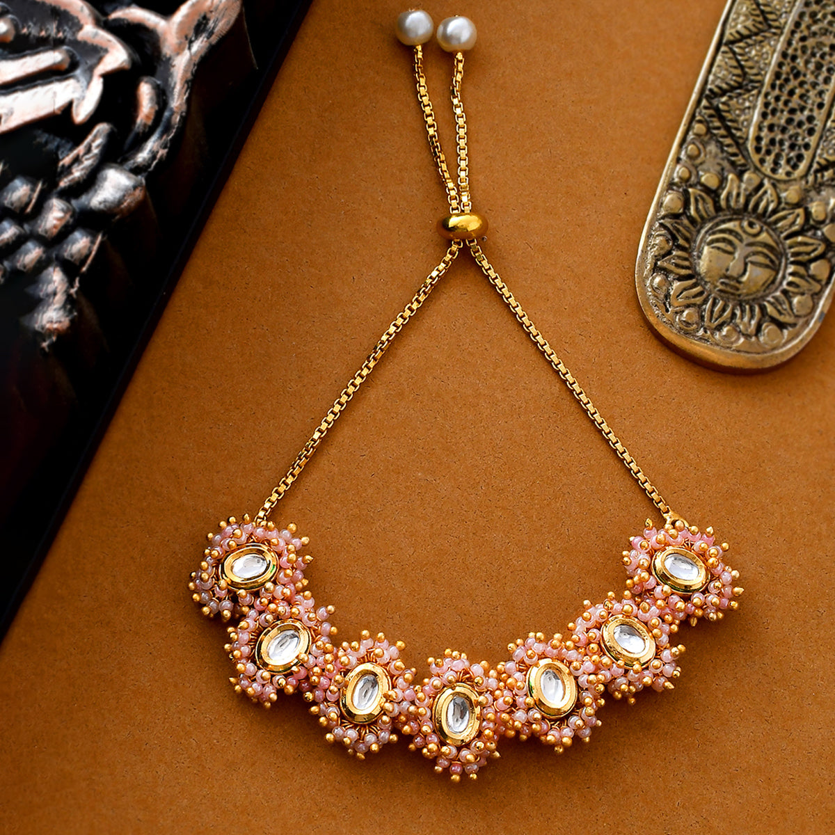 Veerangana Blush Pink Pearls and Kundan Gems Bracelet