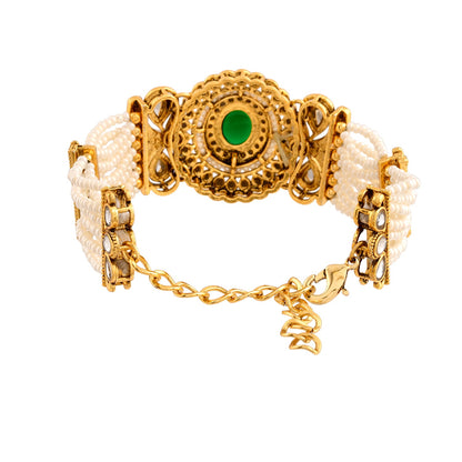 Kundan Opulance Green Oval CZ-Pearl Beaded Yellow Gold-Plated Bracelet