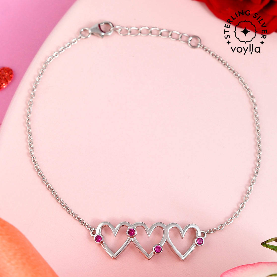 Sterling Silver Pink Zircon Studded Hearts Bracelet