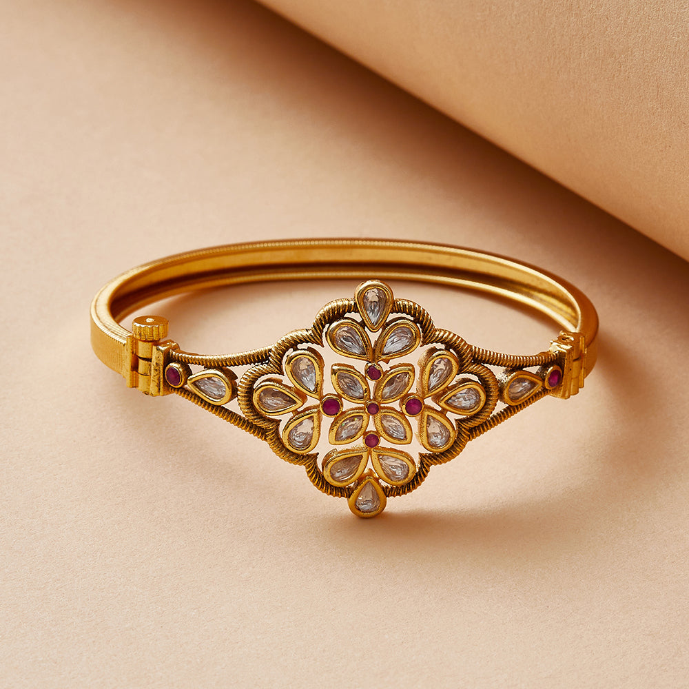 Ethnic Style Brass Faux Kundan Embellished Gold Plated Bracelet