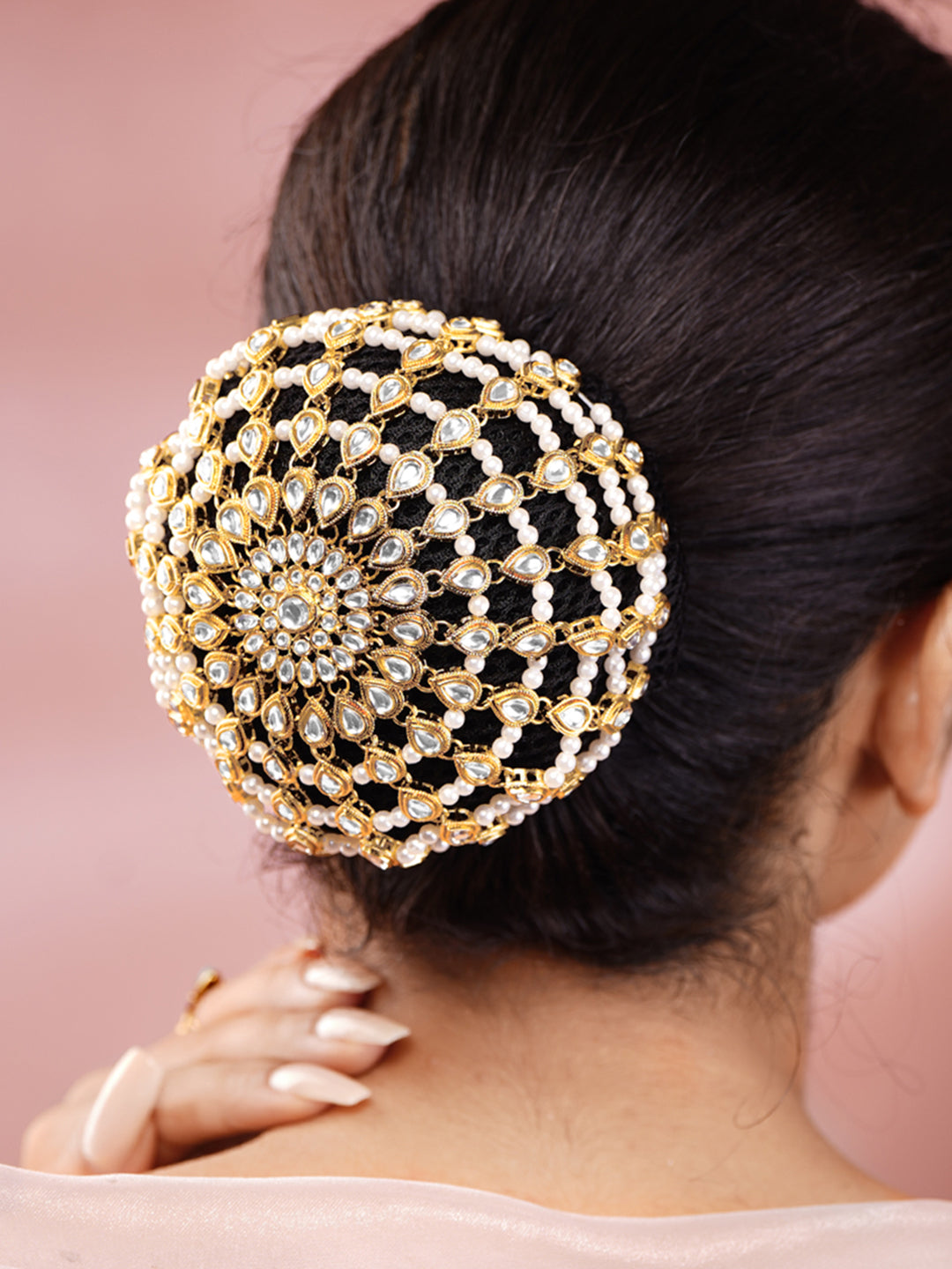 Gold-Plated White Kundan &amp; Pearl Beaded Hair Bun Cover