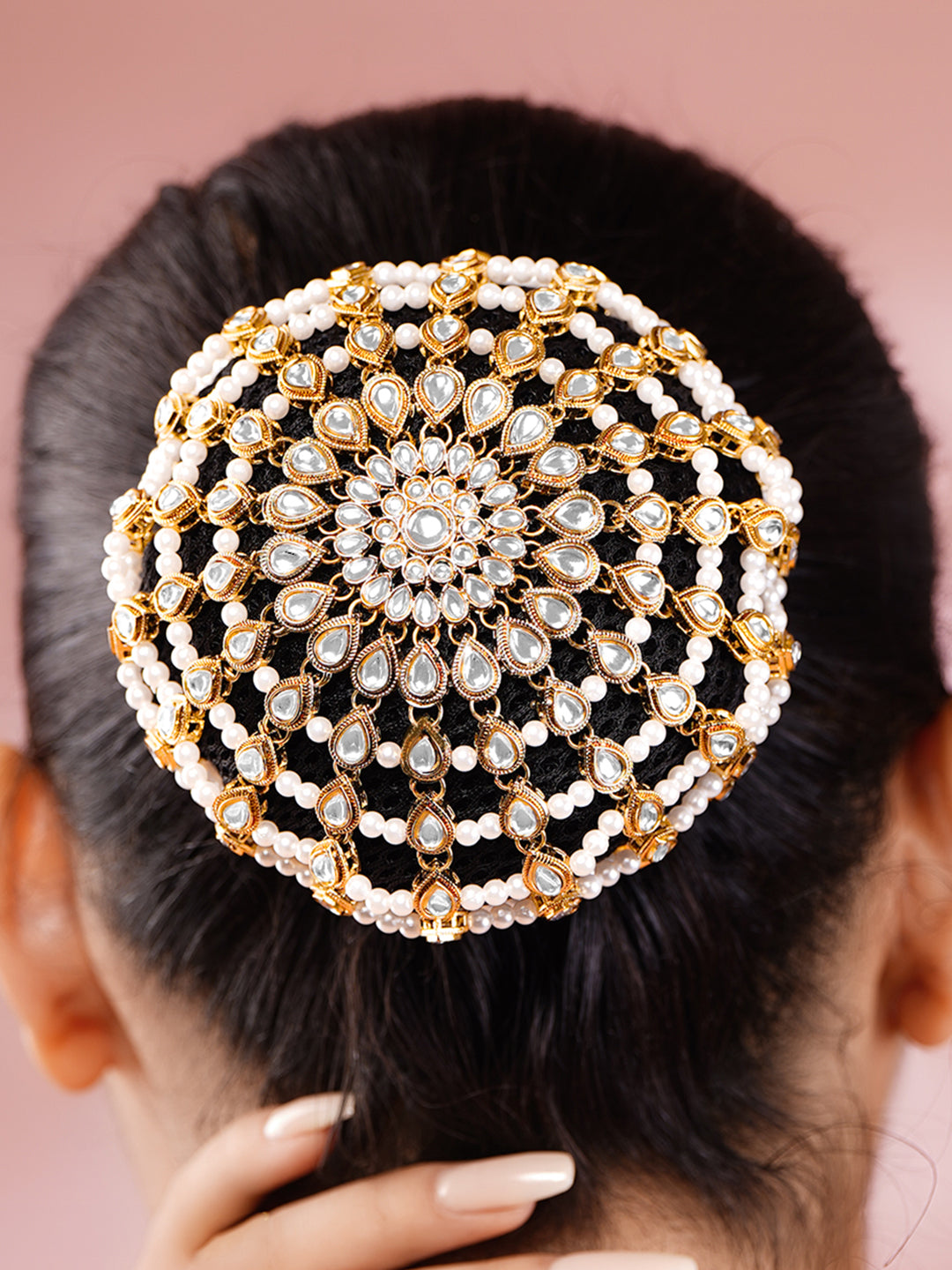 Gold-Plated White Kundan &amp; Pearl Beaded Hair Bun Cover