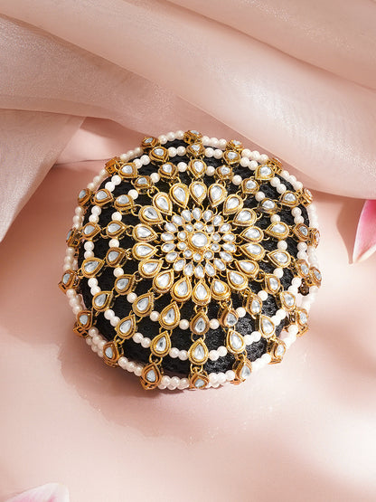 Gold-Plated White Kundan &amp; Pearl Beaded Hair Bun Cover