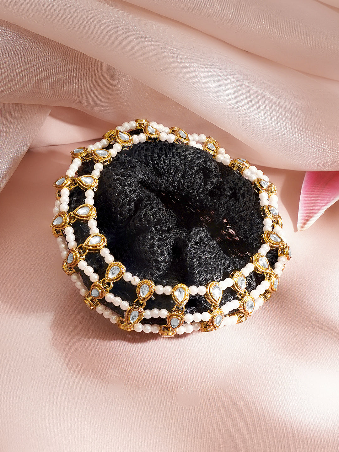 Gold-Plated White Kundan &amp; Pearl Beaded Hair Bun Cover