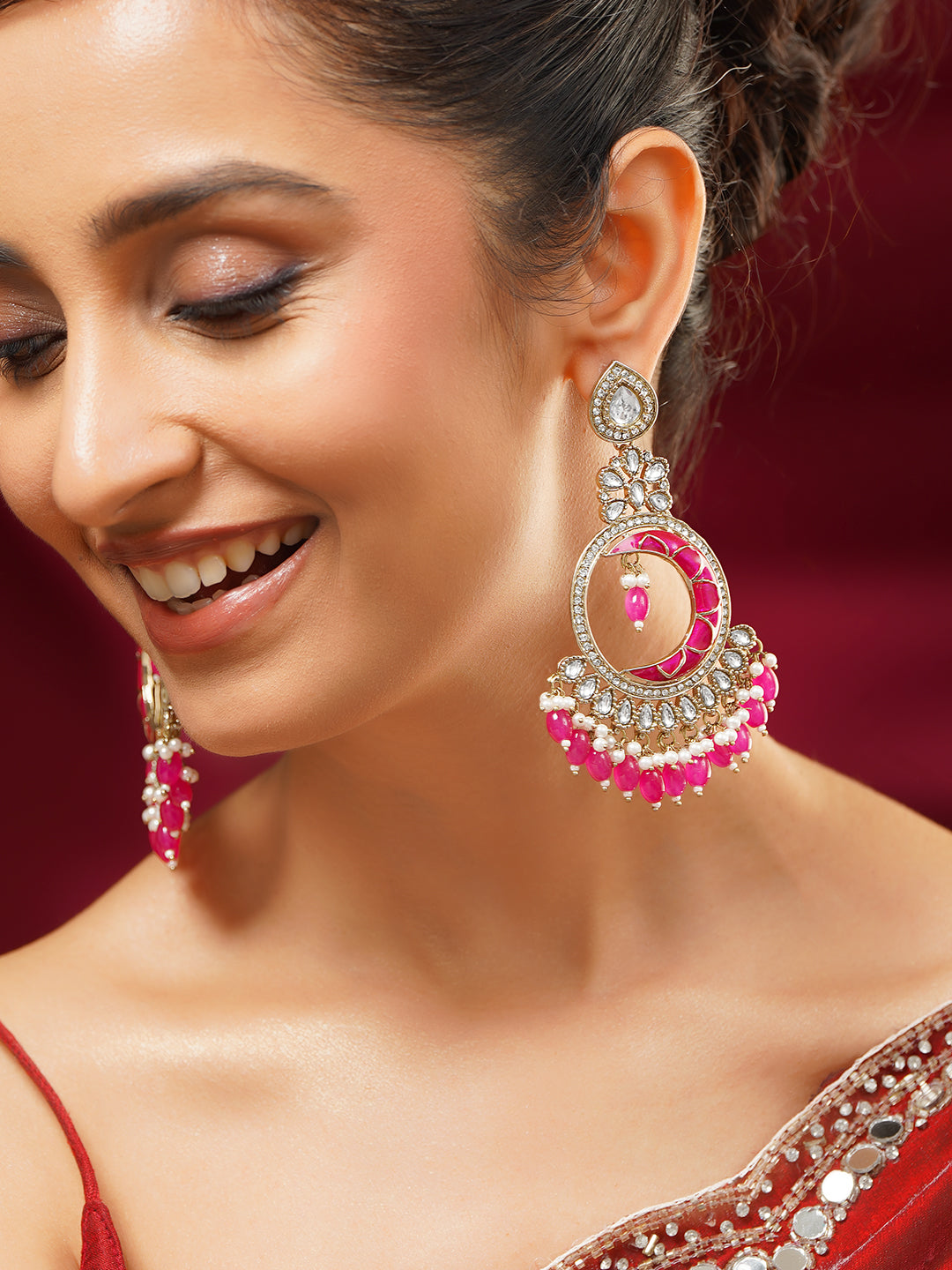 Rhodium Plated Pearl Beaded Kundan Pink Chandbalis Earrings