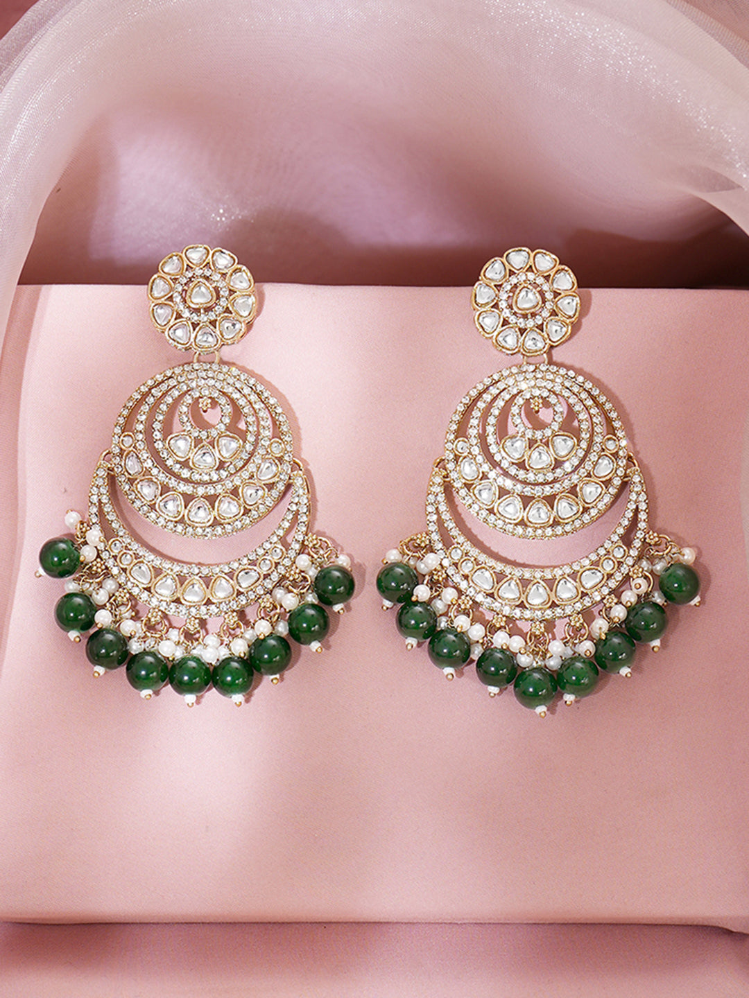 Gold Plated Green Beaded Kundan Chandbali With pearl detailing Earrings