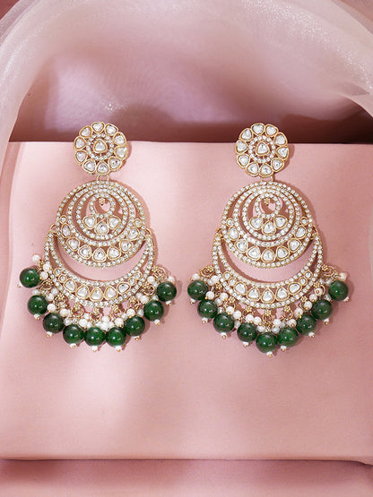 Gold Plated Green Beaded Kundan Chandbali With pearl detailing Earrings