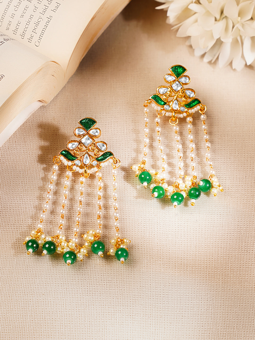 Gold Plated Peral &amp; Green Beaded Kundan Dangler Earrings