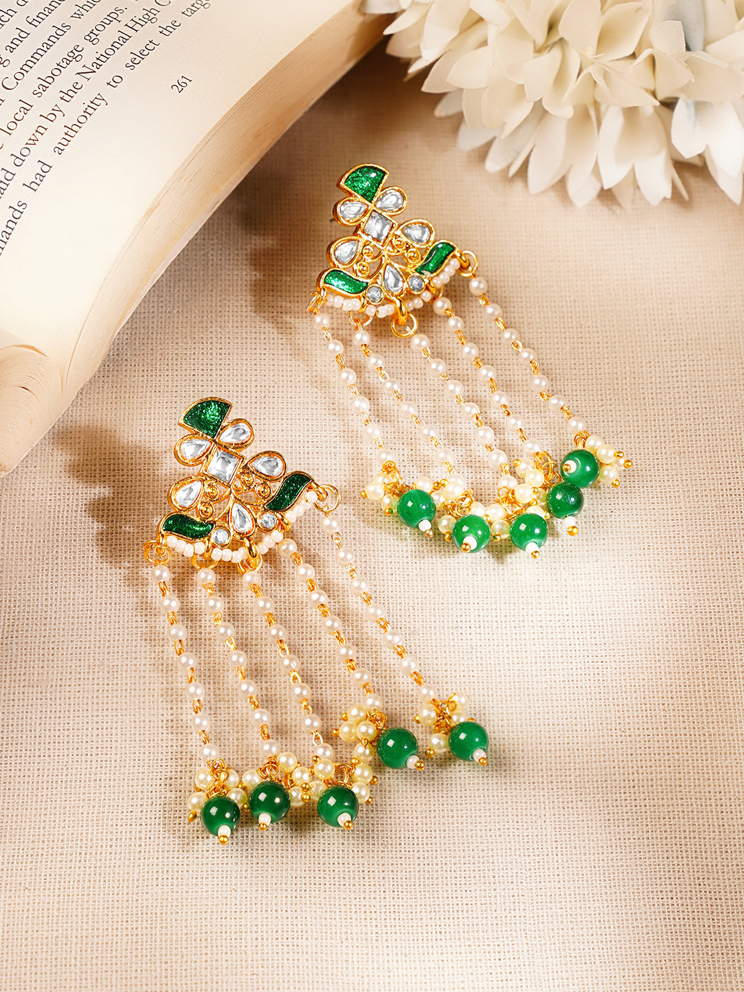 Gold Plated Peral &amp; Green Beaded Kundan Dangler Earrings
