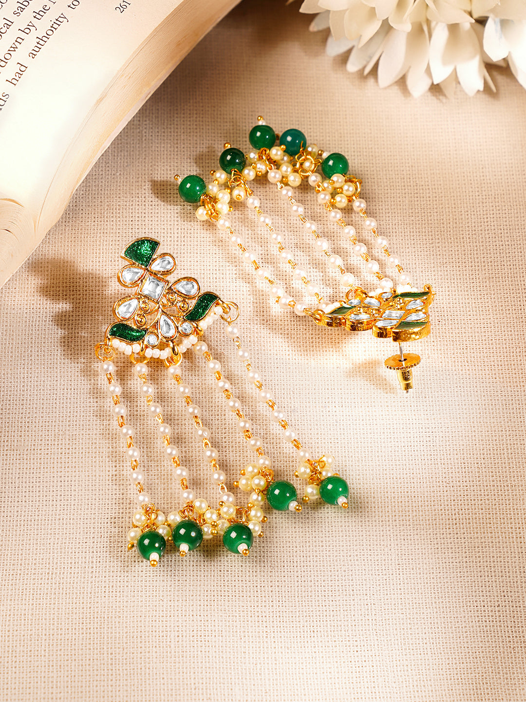 Gold Plated Peral &amp; Green Beaded Kundan Dangler Earrings