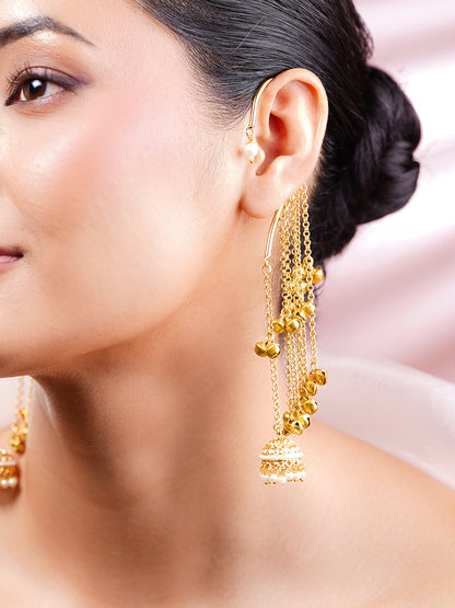 Gold-Plated Layered Chain Pearl Jhumka Ear Cuff Earrings