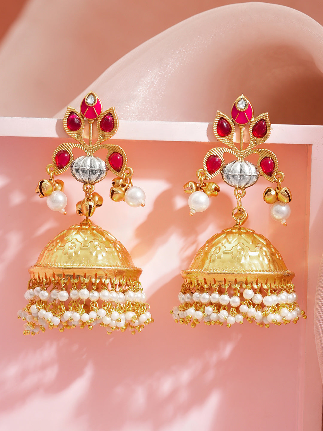 Gold Crimson Charm Jhumka Earrings