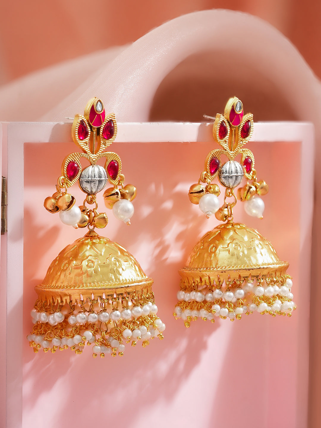 Gold Crimson Charm Jhumka Earrings