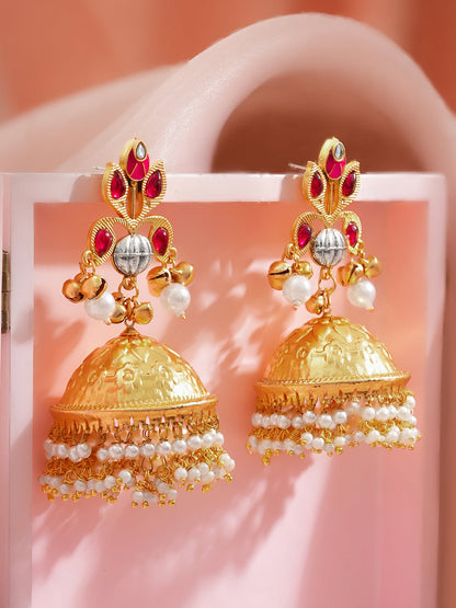 Gold Crimson Charm Jhumka Earrings