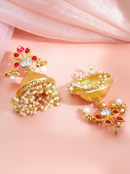 Gold Crimson Charm Jhumka Earrings