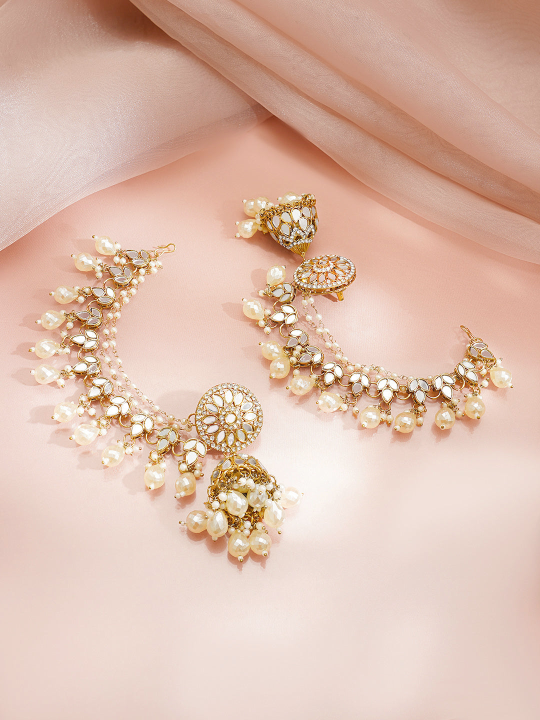 Gold Plated Pearl Beaded Kundan Kaan Chain Jhumkas