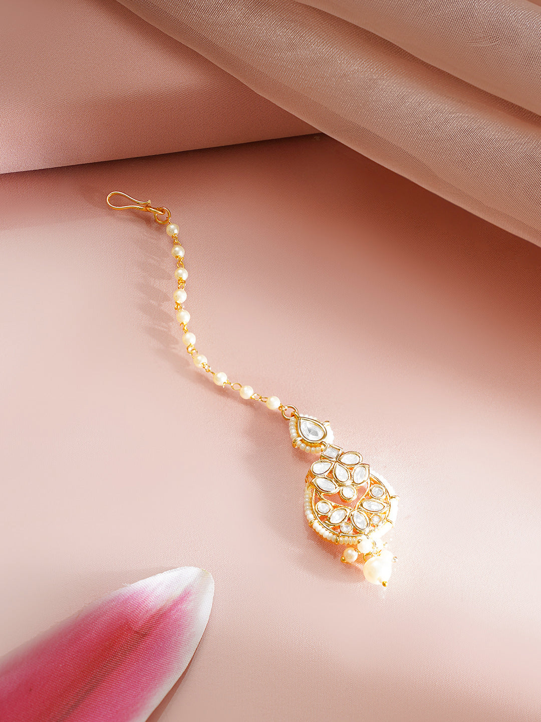 Gold Plated Pearl Beaded Kundan Maang Tikka