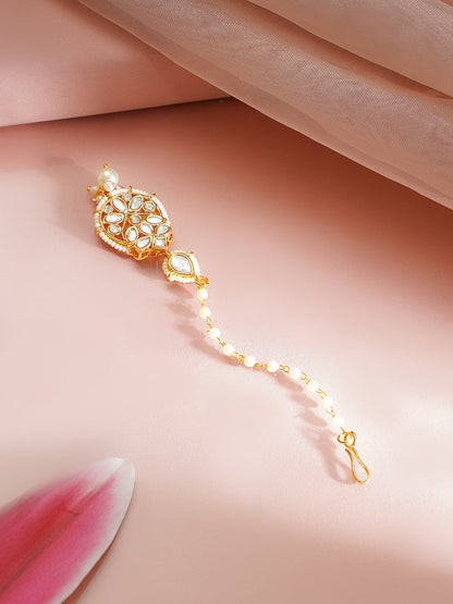 Gold Plated Pearl Beaded Kundan Maang Tikka