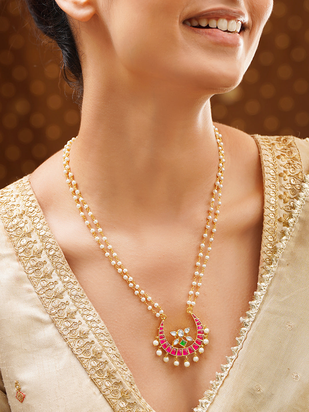 Gold Plated Moon Design Pearl beaded Kundan Ruby Pendant