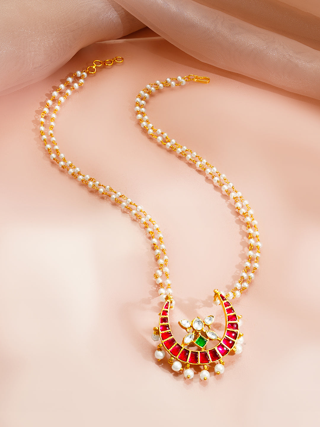 Gold Plated Moon Design Pearl beaded Kundan Ruby Pendant