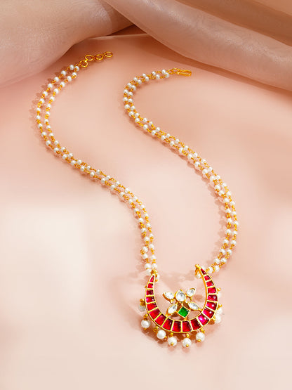 Gold Plated Moon Design Pearl beaded Kundan Ruby Pendant