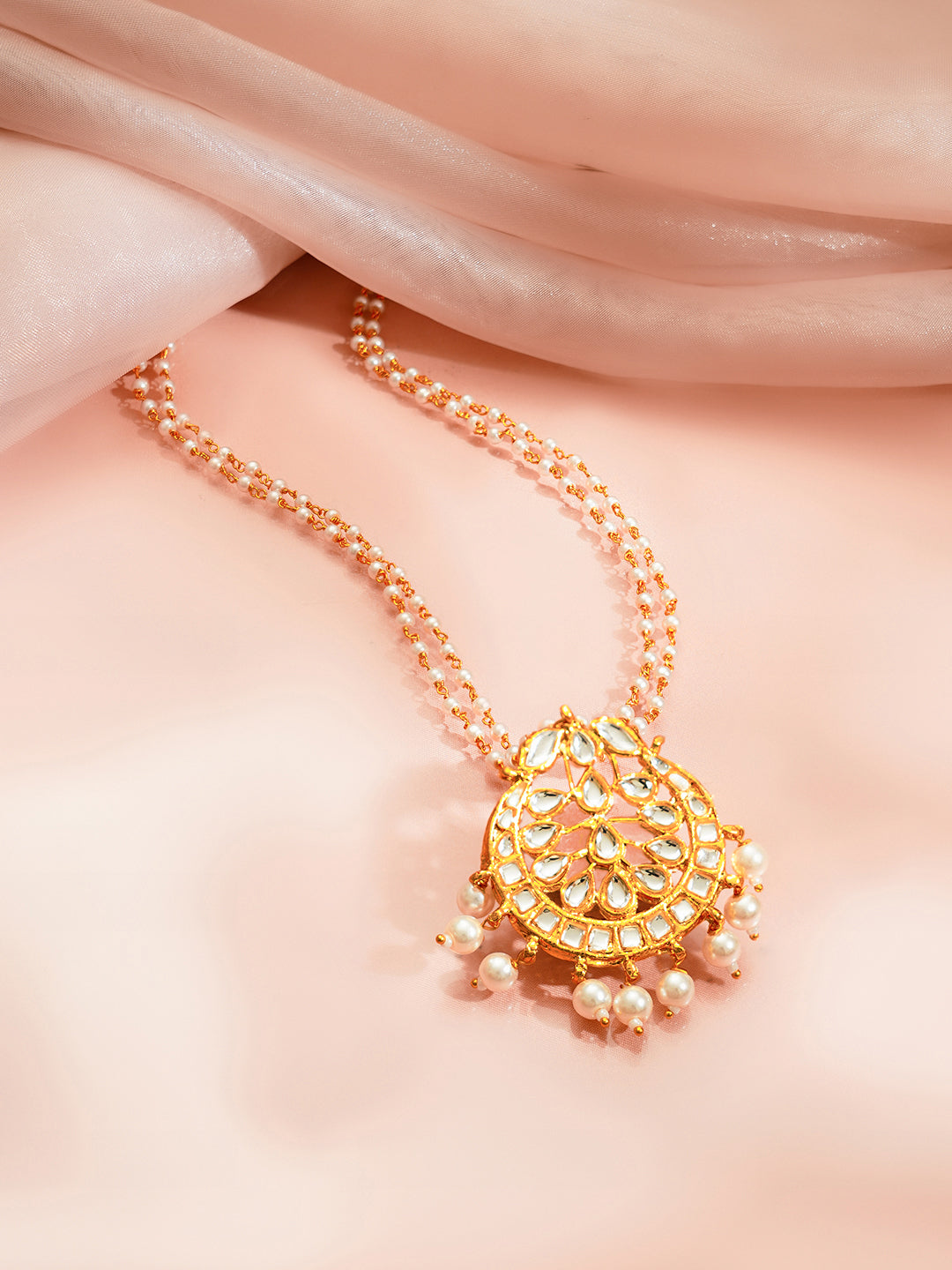 Gold Plated Blossom Kundan Pearl Drape Pendant Necklace