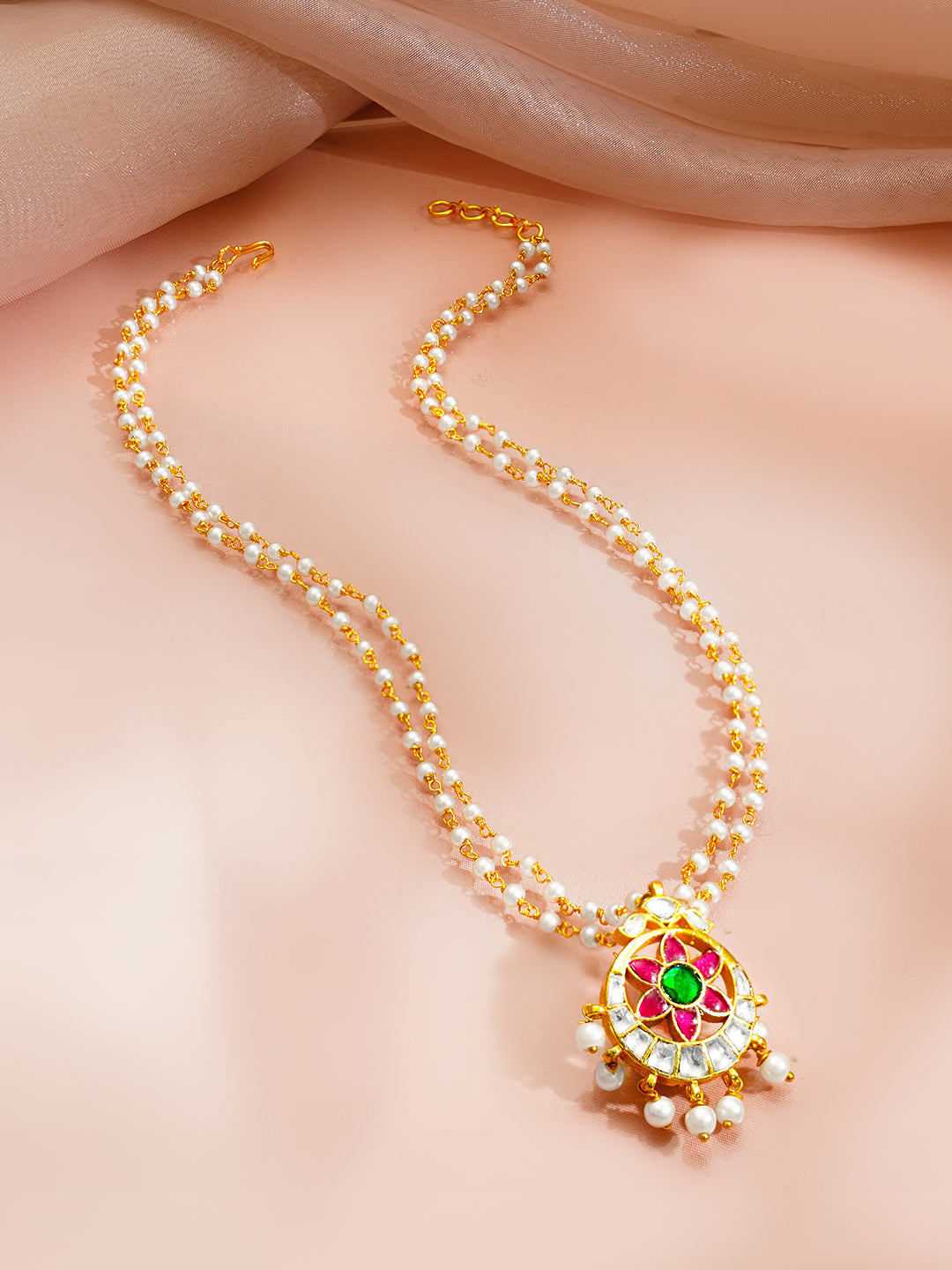 Gold Plated Moon Design Floral centered pearl Beaded Kundan Pendant