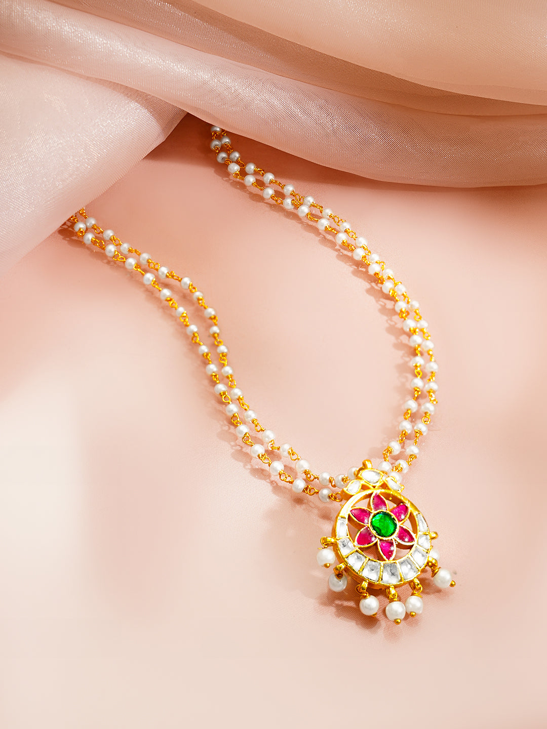 Gold Plated Moon Design Floral centered pearl Beaded Kundan Pendant