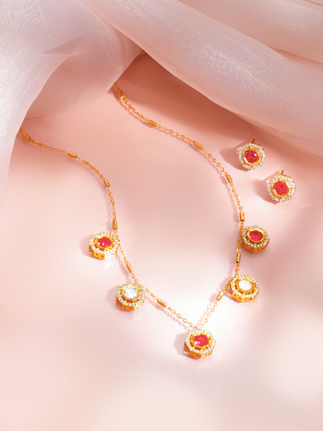 Ruby Zirconia Drop Charm Necklace Set