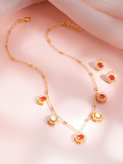 Ruby Zirconia Drop Charm Necklace Set